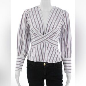 Veronica Beard Womens Striped V-Neck Tie Blouse White Long Sleeve Size 6